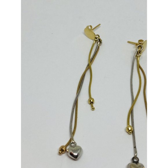 Solid 14k Tri Color 3 strand Omega  Dangle Drop  Earrings Hearts Beads 3” - Picture 3 of 6
